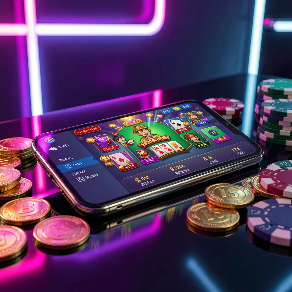 CCGG WIN mobile casino dashboard on a smartphone displaying a colorful gaming interface with golden coins and poker chips on a glossy table under elegant neon lighting