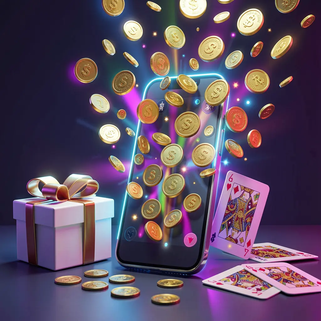 Premium realistic 3D render of a mobile casino bonus banner featuring a smartphone with coins bursting from the screen, a gift box and playing cards nearby, all illuminated by a bright neon glow, showcasing CCGG WIN brand