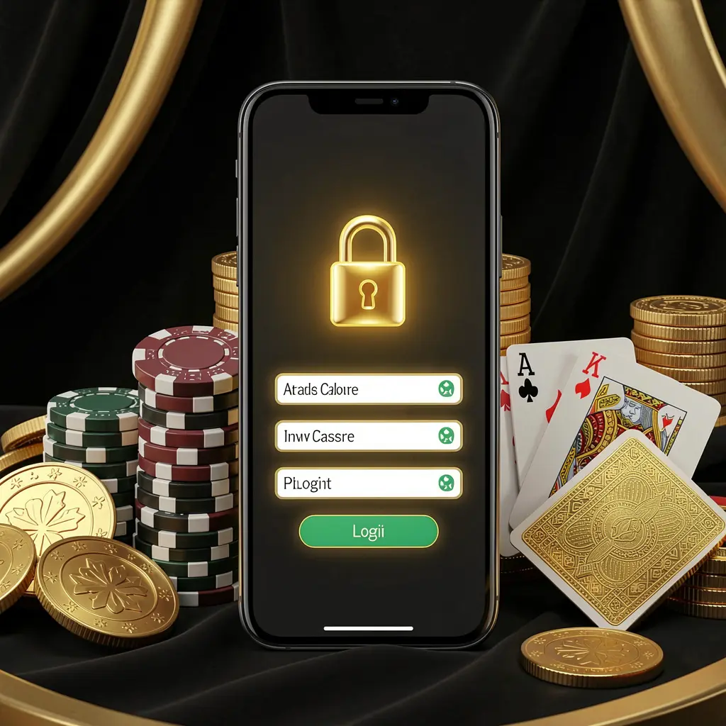 CCGG WIN secure casino account login concept featuring a glowing lock icon on a smartphone screen surrounded by poker chips, playing cards, and golden coins against an elegant black and gold background