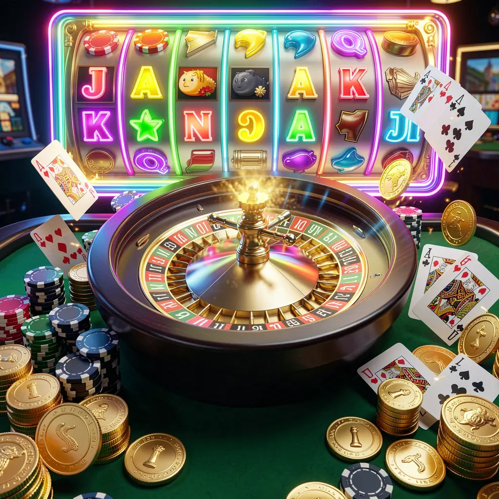CCGG WIN casino homepage visual featuring a realistic 3D render of a roulette wheel, poker chips, playing cards, golden coins, and jackpot lights with bright neon glow in a dynamic composition